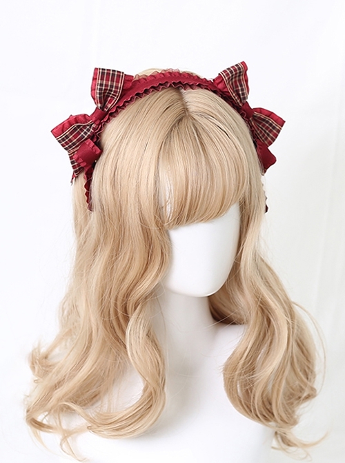 Daily Versatile Christmas Soft Girl Sweet Lolita Cute Red Plaid Bowknot Lace Headband