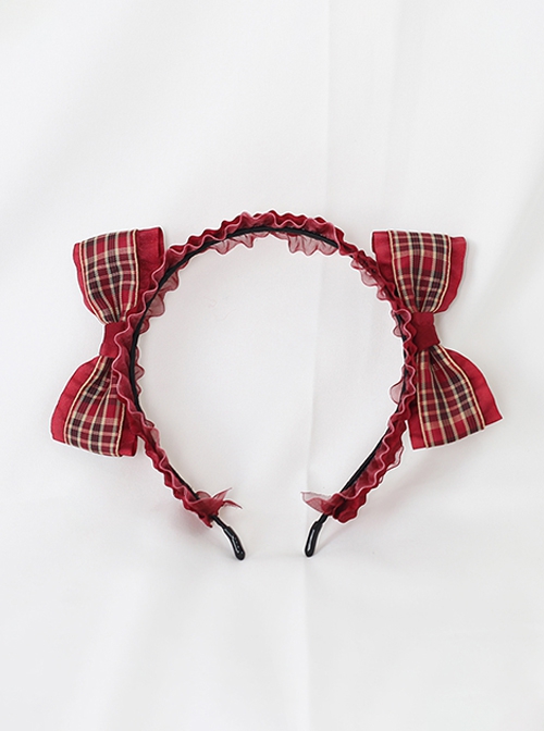 Daily Versatile Christmas Soft Girl Sweet Lolita Cute Red Plaid Bowknot Lace Headband