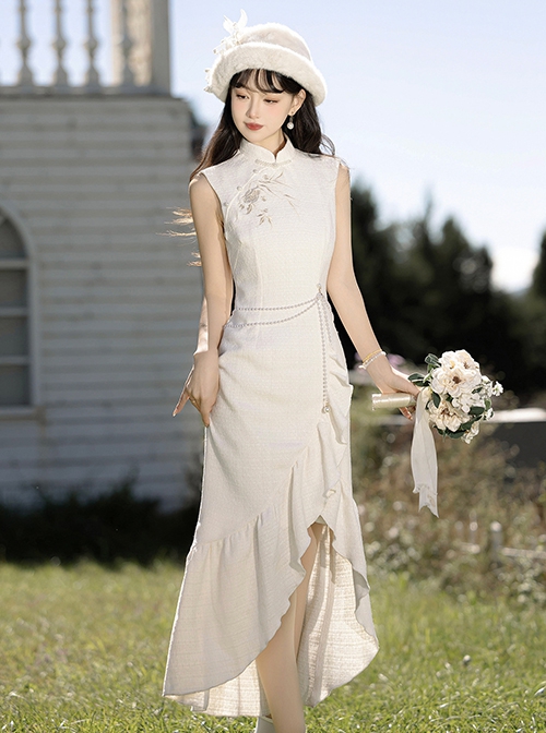 White Moonlight Series Pure Elegant New Chinese Style Kawaii Fashion Improved Fishtail Cheongsam Dress Plush Coat