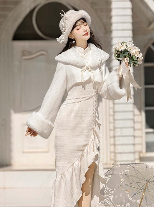 White Moonlight Series Pure Elegant New Chinese Style Kawaii Fashion Improved Fishtail Cheongsam Dress Plush Coat