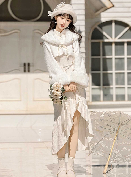 White Moonlight Series Pure Elegant New Chinese Style Kawaii Fashion Improved Fishtail Cheongsam Dress Plush Coat