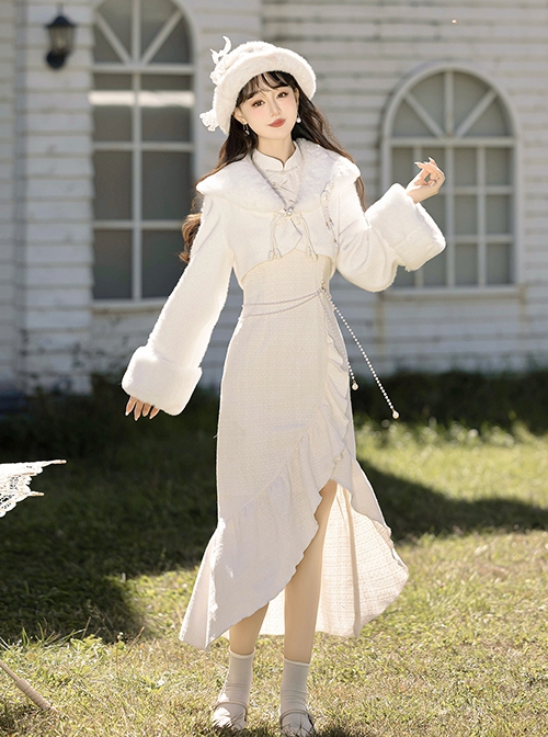 White Moonlight Series Pure Elegant New Chinese Style Kawaii Fashion Improved Fishtail Cheongsam Dress Plush Coat