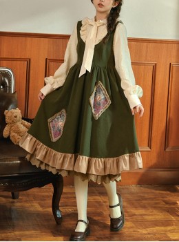 Autumn Winter French Style Lolita Vintage Green Oil Painting Frame Artist Kawaii Fashion Vest Dress Shirt Set