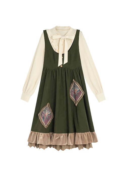 Autumn Winter French Style Lolita Vintage Green Oil Painting Frame Artist Kawaii Fashion Vest Dress Shirt Set