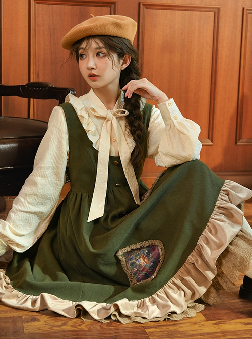 Autumn Winter French Style Lolita Vintage Green Oil Painting Frame Artist Kawaii Fashion Vest Dress Shirt Set