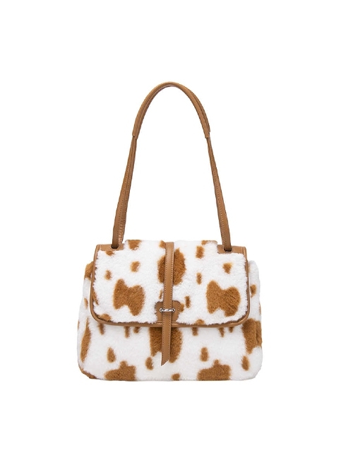 Fall Winter Large Commuting Capacity Versatile Kawaii Fashion Light Brown Spotted Fur Square Tote Bag Armpit Bag