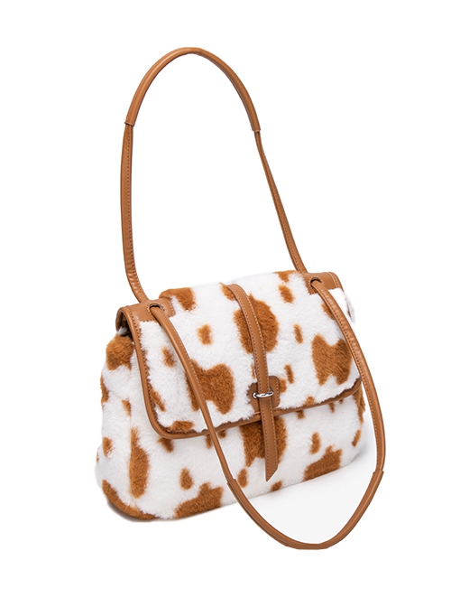 Fall Winter Large Commuting Capacity Versatile Kawaii Fashion Light Brown Spotted Fur Square Tote Bag Armpit Bag