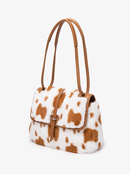 Fall Winter Large Commuting Capacity Versatile Kawaii Fashion Light Brown Spotted Fur Square Tote Bag Armpit Bag