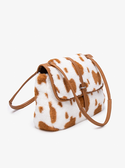 Fall Winter Large Commuting Capacity Versatile Kawaii Fashion Light Brown Spotted Fur Square Tote Bag Armpit Bag