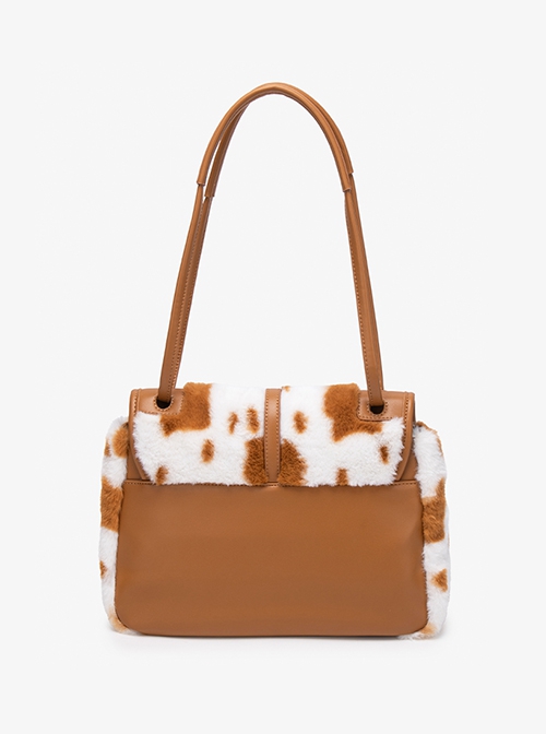 Fall Winter Large Commuting Capacity Versatile Kawaii Fashion Light Brown Spotted Fur Square Tote Bag Armpit Bag