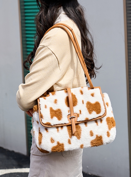 Fall Winter Large Commuting Capacity Versatile Kawaii Fashion Light Brown Spotted Fur Square Tote Bag Armpit Bag