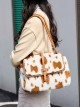 Fall Winter Large Commuting Capacity Versatile Kawaii Fashion Light Brown Spotted Fur Square Tote Bag Armpit Bag