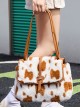 Fall Winter Large Commuting Capacity Versatile Kawaii Fashion Light Brown Spotted Fur Square Tote Bag Armpit Bag