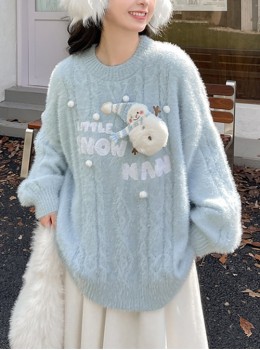 Fall Winter Snowman Cute Kawaii Fashion Light Blue Seahorse Hair Warm Loose Round Collar Pullover Sweater