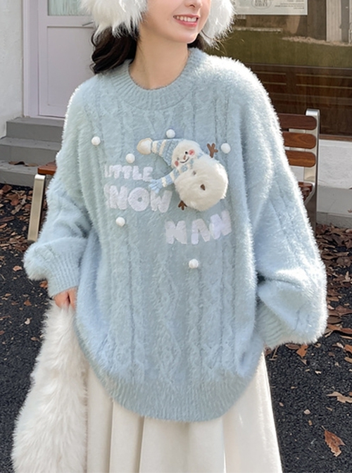 Fall Winter Snowman Cute Kawaii Fashion Light Blue Seahorse Hair Warm Loose Round Collar Pullover Sweater