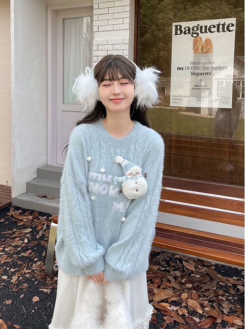 Fall Winter Snowman Cute Kawaii Fashion Light Blue Seahorse Hair Warm Loose Round Collar Pullover Sweater