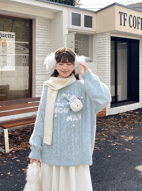 Fall Winter Snowman Cute Kawaii Fashion Light Blue Seahorse Hair Warm Loose Round Collar Pullover Sweater