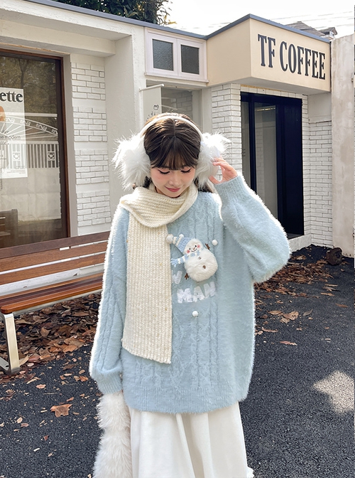 Fall Winter Snowman Cute Kawaii Fashion Light Blue Seahorse Hair Warm Loose Round Collar Pullover Sweater