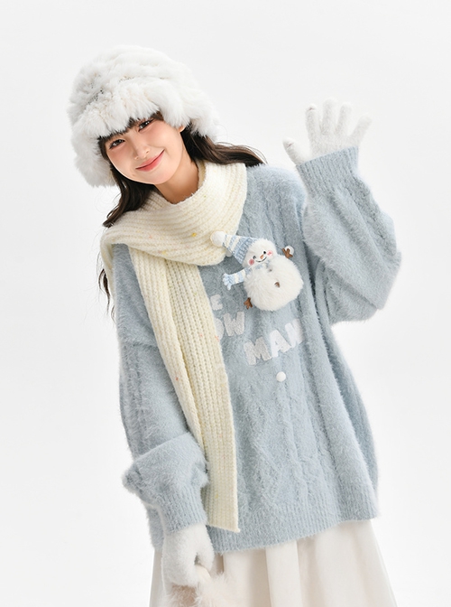 Fall Winter Snowman Cute Kawaii Fashion Light Blue Seahorse Hair Warm Loose Round Collar Pullover Sweater