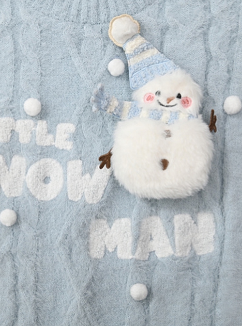 Fall Winter Snowman Cute Kawaii Fashion Light Blue Seahorse Hair Warm Loose Round Collar Pullover Sweater