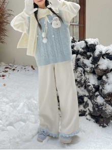 Cute Velvet Autumn Winter White Texture Feeling Solid Color Hairball Kawaii Fashion Loose Casual Pants