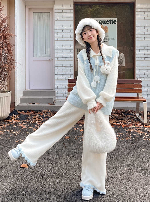 Cute Velvet Autumn Winter White Texture Feeling Solid Color Hairball Kawaii Fashion Loose Casual Pants