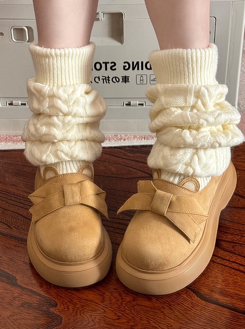 Winter Versatile Cute Daily Bear Ears Bowknot Kawaii Fashion Lolita Warm Cashmere Socks Snow Boots