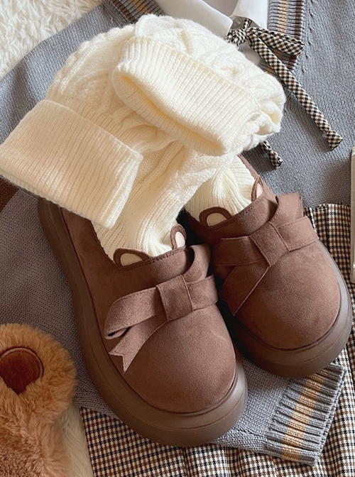 Winter Versatile Cute Daily Bear Ears Bowknot Kawaii Fashion Lolita Warm Cashmere Socks Snow Boots