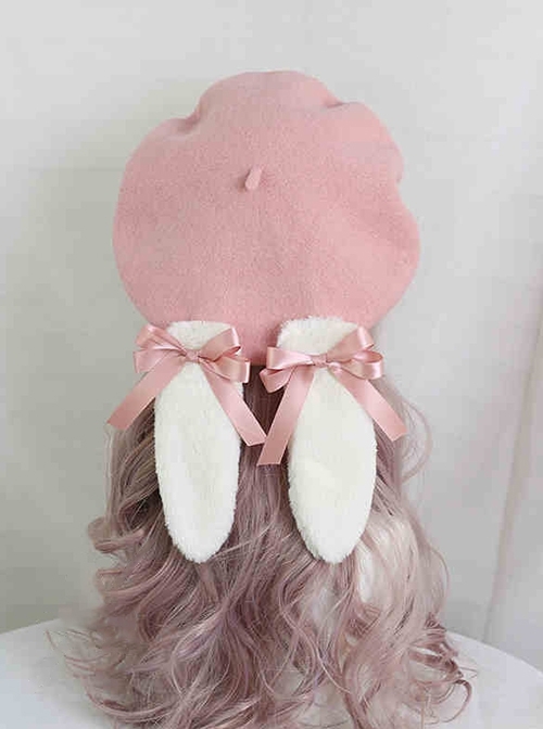 Cute Japanese Style Soft Girl Plush Lop Eared Rabbit Kawaii Sweet Lolita Bowknot Pancake Hat Beret