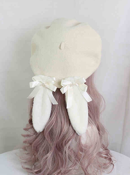 Cute Japanese Style Soft Girl Plush Lop Eared Rabbit Kawaii Sweet Lolita Bowknot Pancake Hat Beret