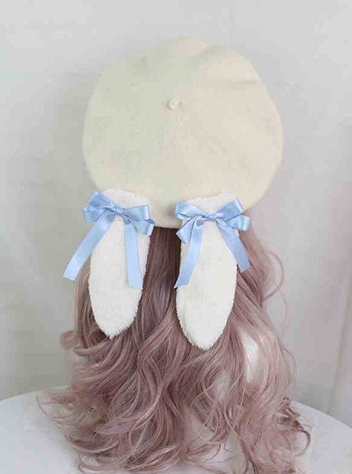 Cute Japanese Style Soft Girl Plush Lop Eared Rabbit Kawaii Sweet Lolita Bowknot Pancake Hat Beret