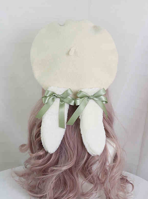 Cute Japanese Style Soft Girl Plush Lop Eared Rabbit Kawaii Sweet Lolita Bowknot Pancake Hat Beret