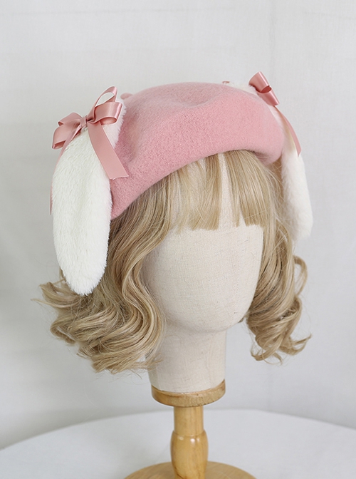 Cute Japanese Style Soft Girl Plush Lop Eared Rabbit Kawaii Sweet Lolita Bowknot Pancake Hat Beret