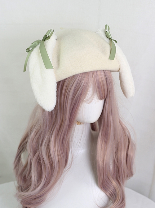 Cute Japanese Style Soft Girl Plush Lop Eared Rabbit Kawaii Sweet Lolita Bowknot Pancake Hat Beret