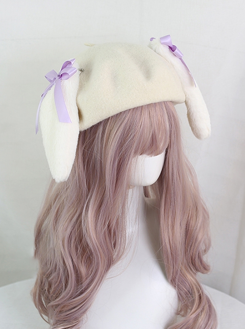 Cute Japanese Style Soft Girl Plush Lop Eared Rabbit Kawaii Sweet Lolita Bowknot Pancake Hat Beret