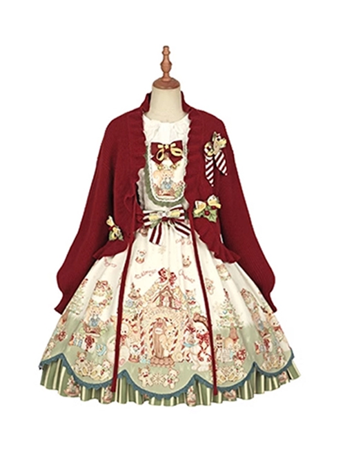 Gingerbread Kingdom Series Fairy Tale Style Christmas Bell Bowknot Red Sweet Lolita Sleeveless Dress Shirt Sweater Coat Set