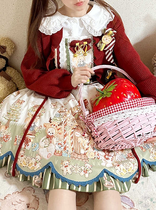 Gingerbread Kingdom Series Fairy Tale Style Christmas Bell Bowknot Red Sweet Lolita Sleeveless Dress Shirt Sweater Coat Set