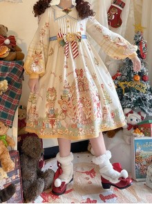 Star Of Bethlehem Series Cream Apricot Christmas Pastoral Star Collar Gingerbread Animals Print Sweet Lolita Long Sleeves Dress