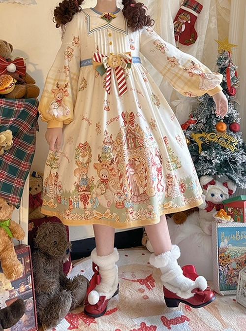 Star Of Bethlehem Series Cream Apricot Christmas Pastoral Star Collar Gingerbread Animals Print Sweet Lolita Long Sleeves Dress