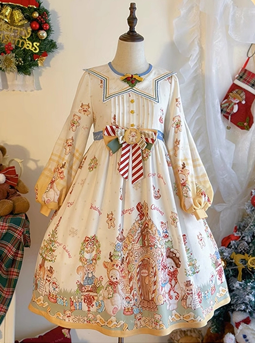 Star Of Bethlehem Series Cream Apricot Christmas Pastoral Star Collar Gingerbread Animals Print Sweet Lolita Long Sleeves Dress