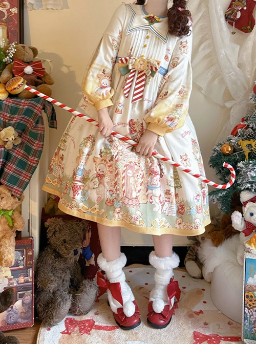 Star Of Bethlehem Series Cream Apricot Christmas Pastoral Star Collar Gingerbread Animals Print Sweet Lolita Long Sleeves Dress