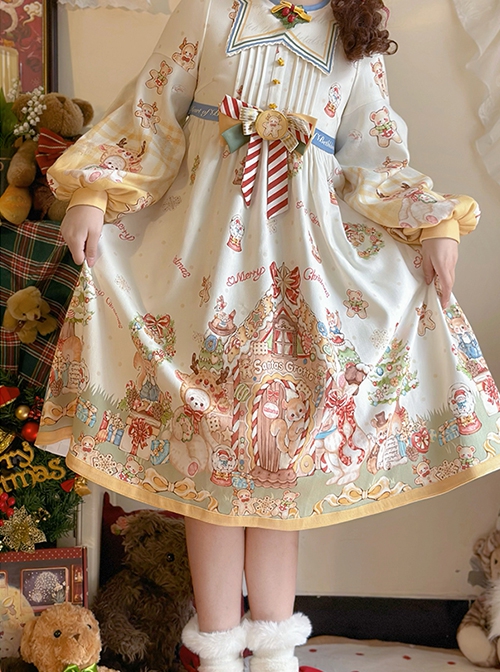 Star Of Bethlehem Series Cream Apricot Christmas Pastoral Star Collar Gingerbread Animals Print Sweet Lolita Long Sleeves Dress