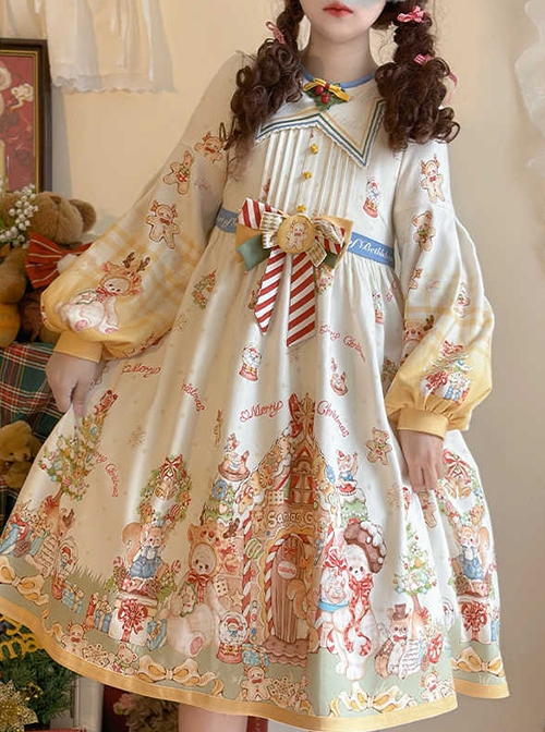 Star Of Bethlehem Series Cream Apricot Christmas Pastoral Star Collar Gingerbread Animals Print Sweet Lolita Long Sleeves Dress