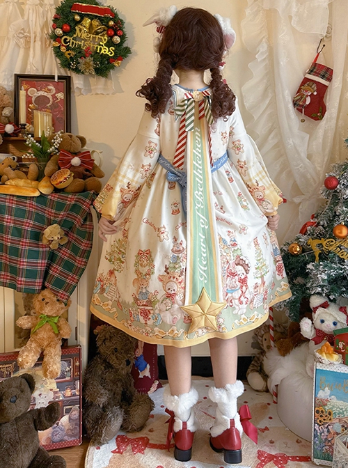 Star Of Bethlehem Series Cream Apricot Christmas Pastoral Star Collar Gingerbread Animals Print Sweet Lolita Long Sleeves Dress