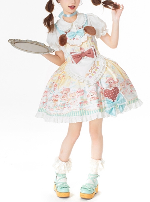 Sweet Pet Paradise Series Soft Girl Cute Daily Cake Dessert Sweet Lolita Vest Dress Apron Puff Sleeves Shirt Headband Set