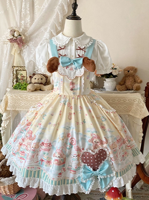 Sweet Pet Paradise Series Soft Girl Cute Daily Cake Dessert Sweet Lolita Vest Dress Apron Puff Sleeves Shirt Headband Set