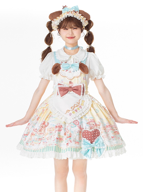 Sweet Pet Paradise Series Soft Girl Cute Daily Cake Dessert Sweet Lolita Vest Dress Apron Puff Sleeves Shirt Headband Set