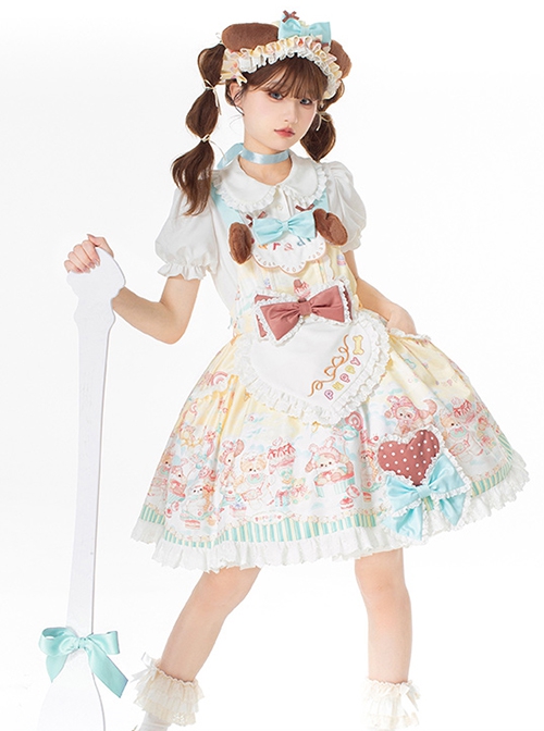 Sweet Pet Paradise Series Soft Girl Cute Daily Cake Dessert Sweet Lolita Vest Dress Apron Puff Sleeves Shirt Headband Set