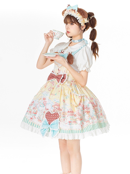 Sweet Pet Paradise Series Soft Girl Cute Daily Cake Dessert Sweet Lolita Vest Dress Apron Puff Sleeves Shirt Headband Set