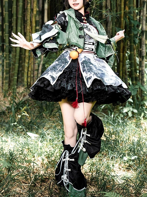 Panda Series Bamboo Ink Painting Green Martial Arts Chinese Style Cute Sweet Lolita Dress Vest Hoodie Leg Sleeves Set